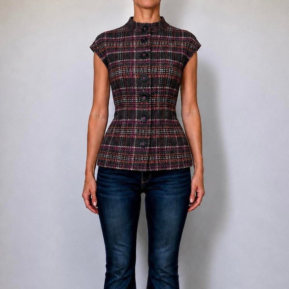 Vintage Cabi Y2K Dark Academia Wool Blend Plaid Waist Tie Top Mock Neck Size M